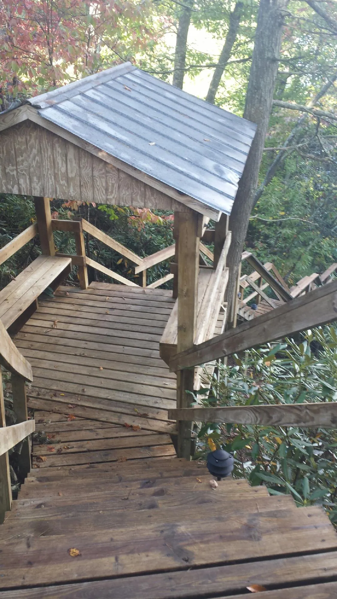Metal roofed shelter over wooden steps on a wooded walkway — Skylight Repair & Installation work by our crew in La Verne